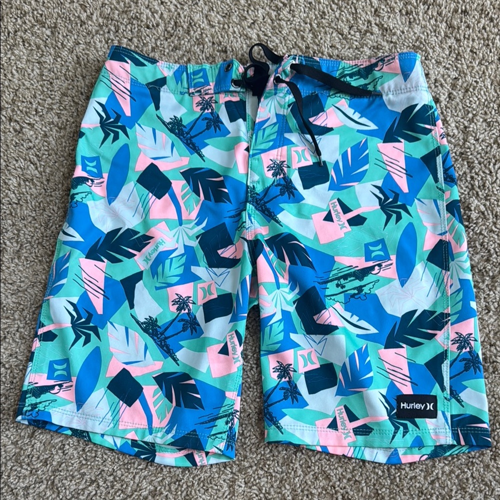 Hurley Blue and Pink Swim Trunks Geometric Design